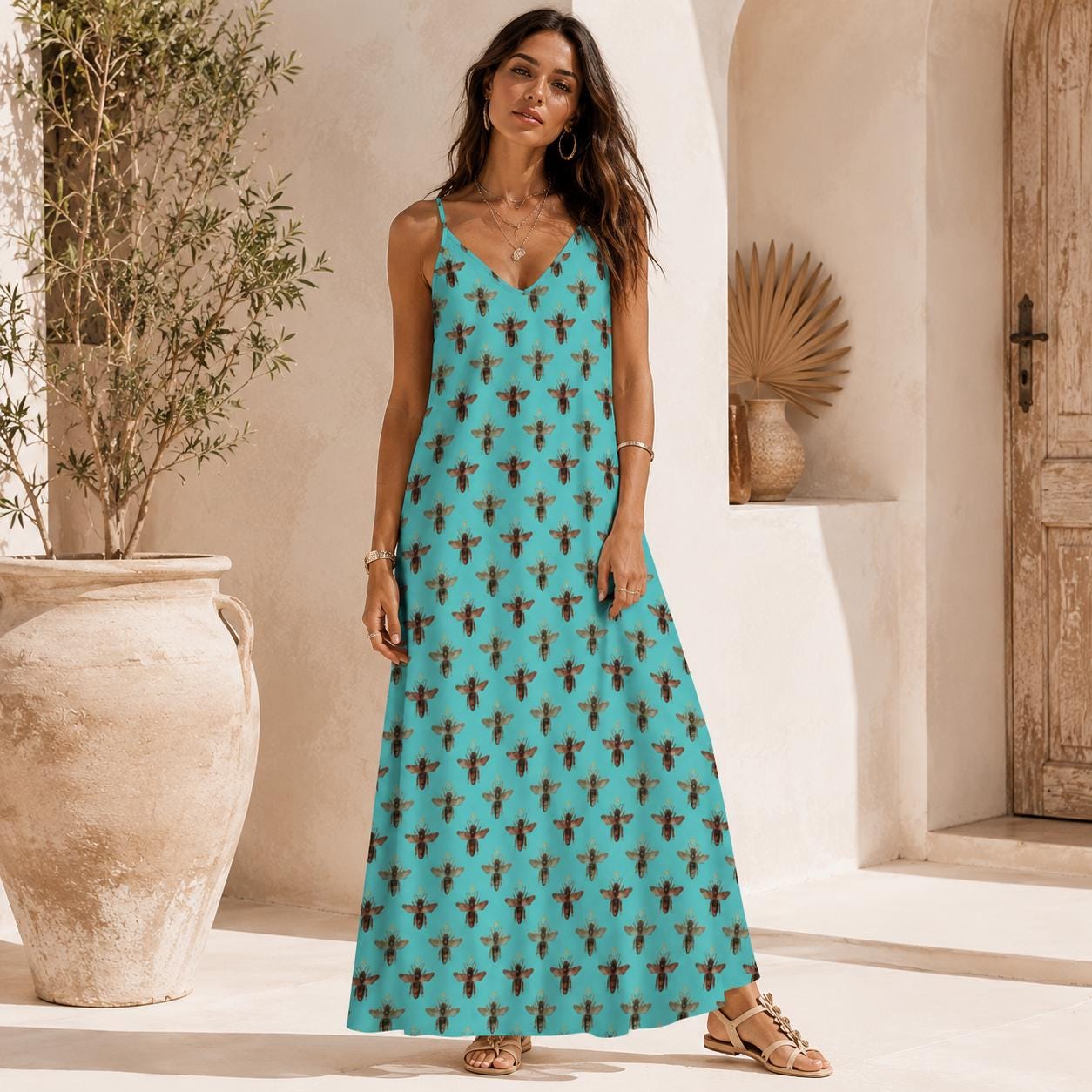 Teal Boho Block Print Maxi Dress, Spaghetti Strap Summer Sundress