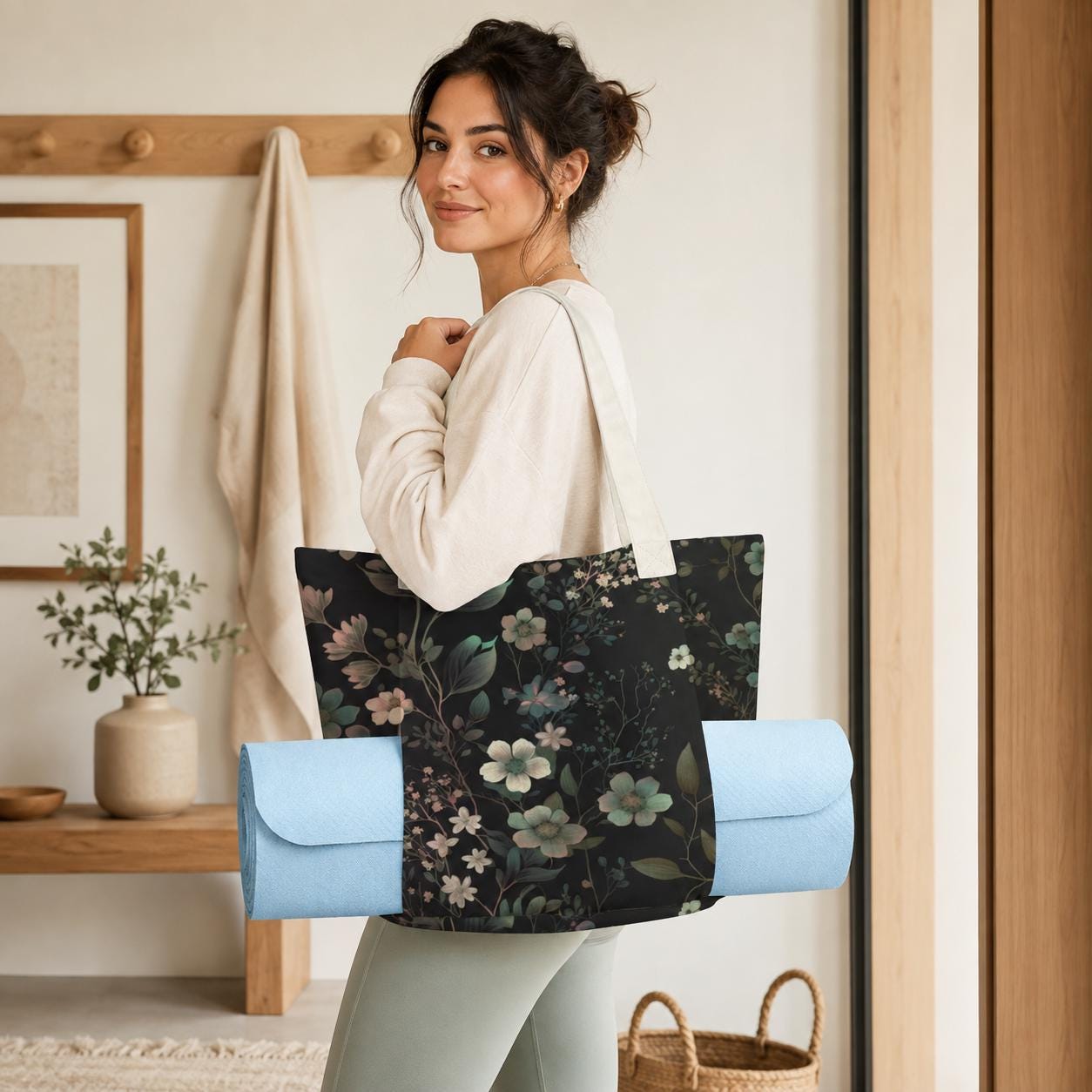 Dark Botanical Moth Print Yoga Tote Bag with Blue Mat Pockets