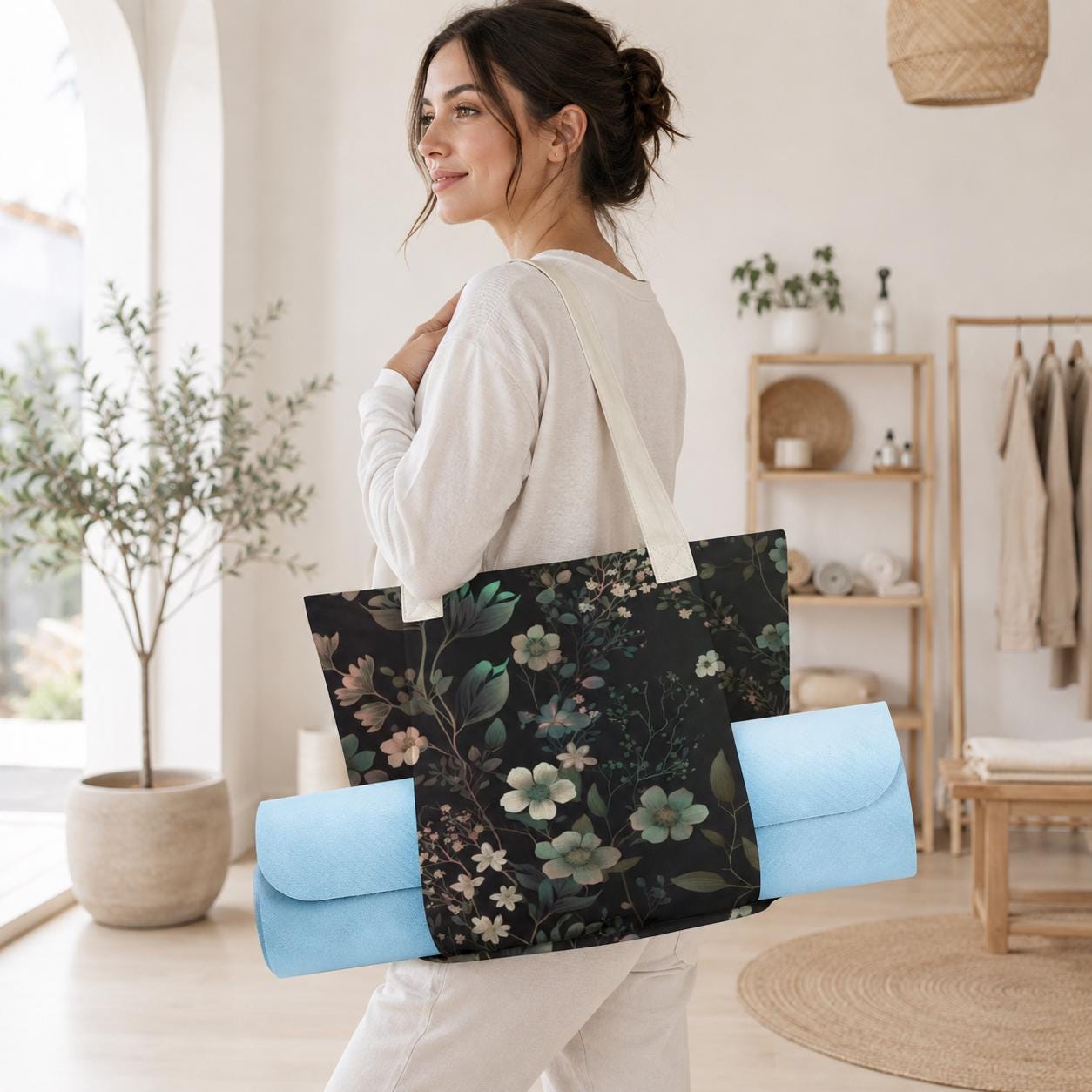 Dark Botanical Moth Print Yoga Tote Bag with Blue Mat Pockets