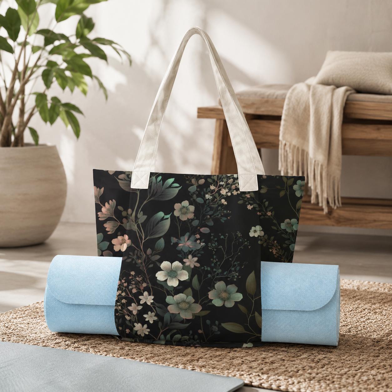Dark Botanical Moth Print Yoga Tote Bag with Blue Mat Pockets