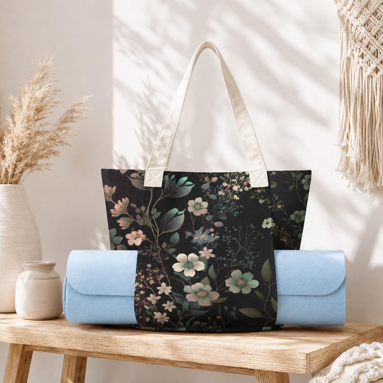Dark Botanical Moth Print Yoga Tote Bag with Blue Mat Pockets