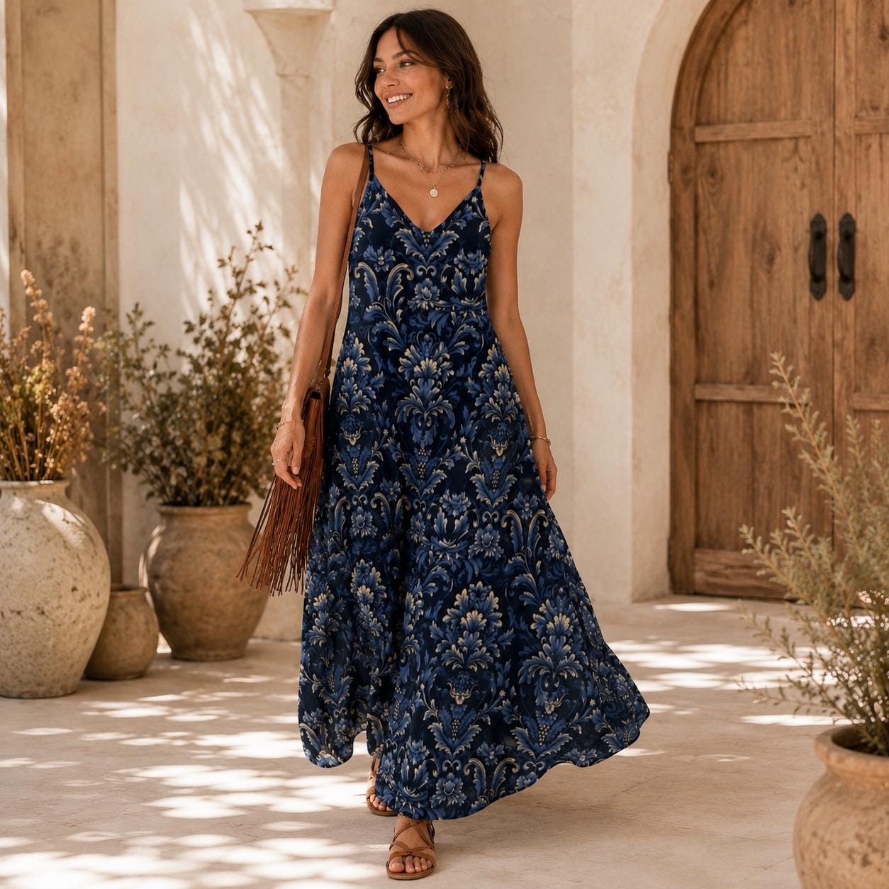 Navy Blue Damask Print Maxi Dress, Boho Sleeveless Summer Sundress