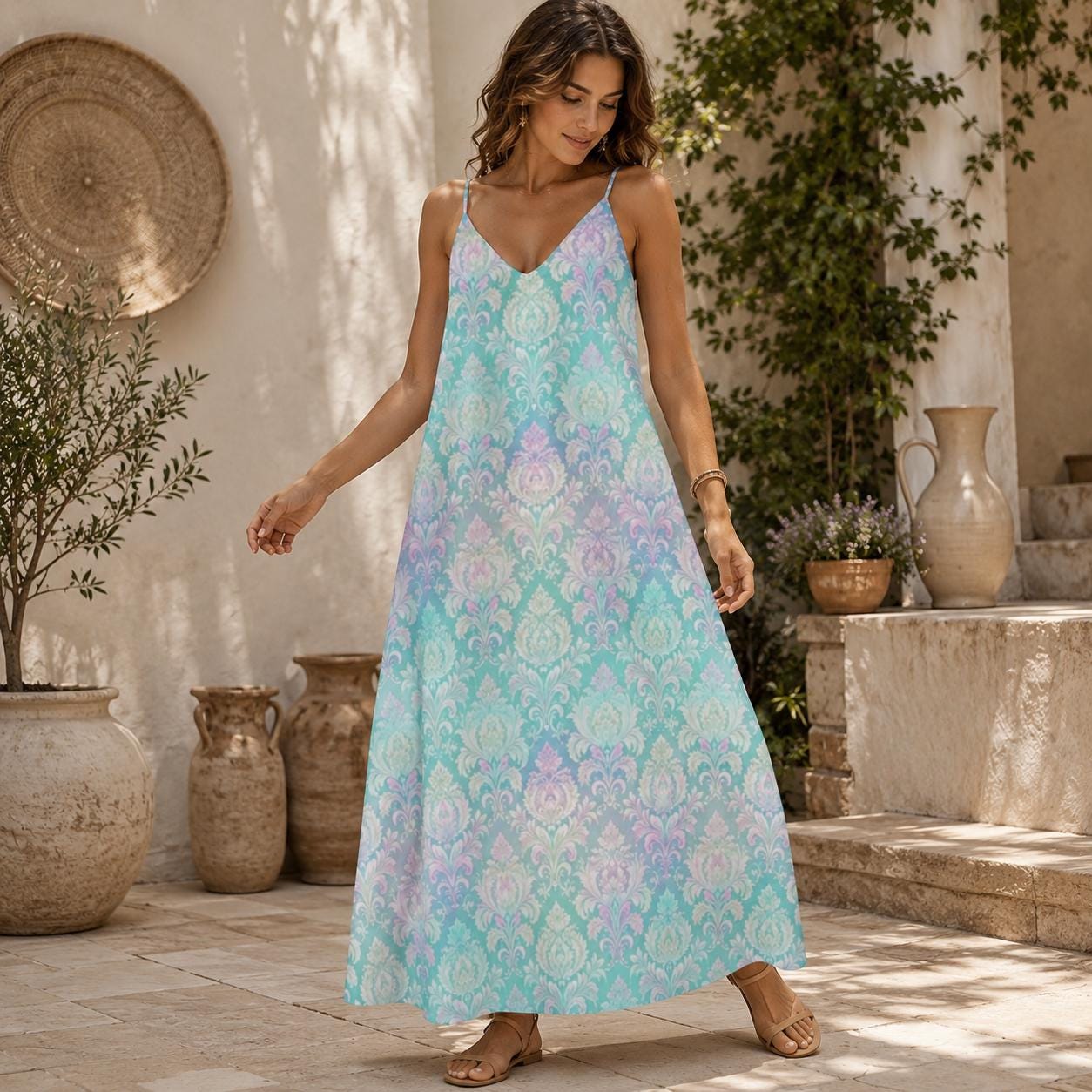 Fairycore Maxi Dress, Mint Green Pastel Damask Print, Iridescent Summer Beach Wear