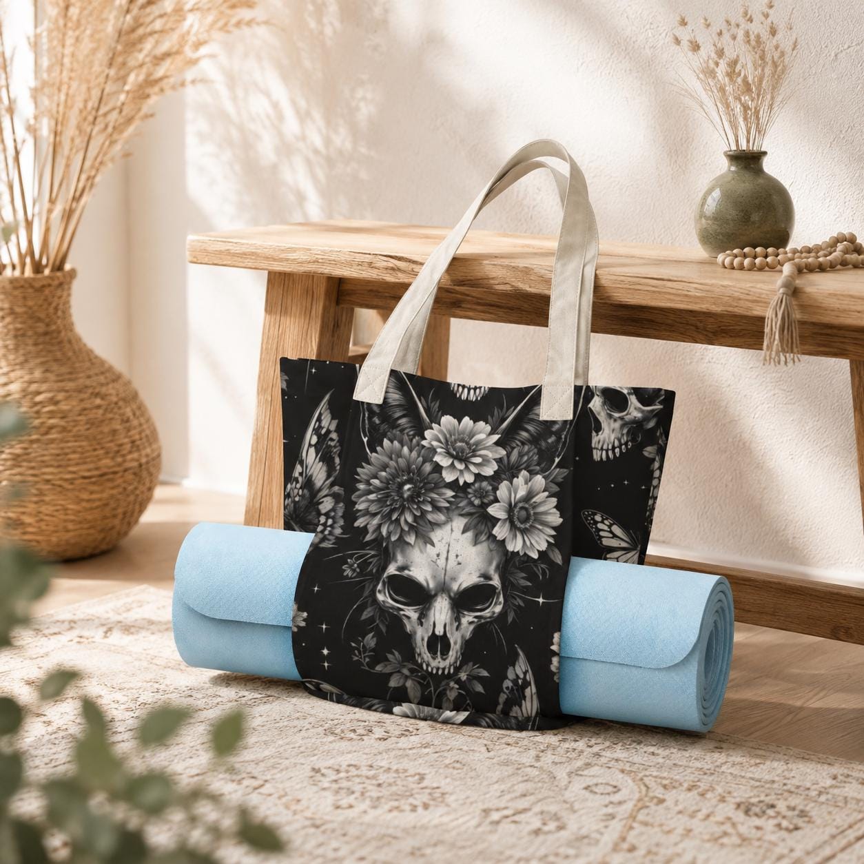 Skull and Sunflower Tote Bag in Black and White Gothic Floral Print
