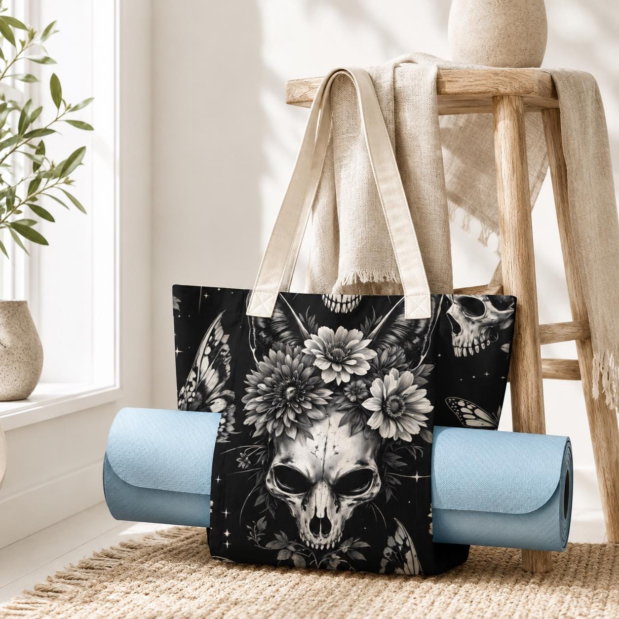 Skull and Sunflower Tote Bag in Black and White Gothic Floral Print