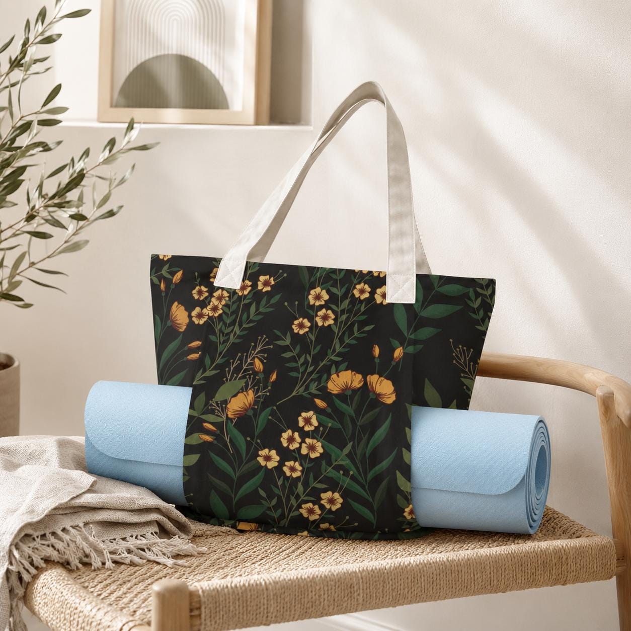 Black Wildflower Yoga Tote Bag, Orange Floral Gym Bag, Botanical Workout Carryall