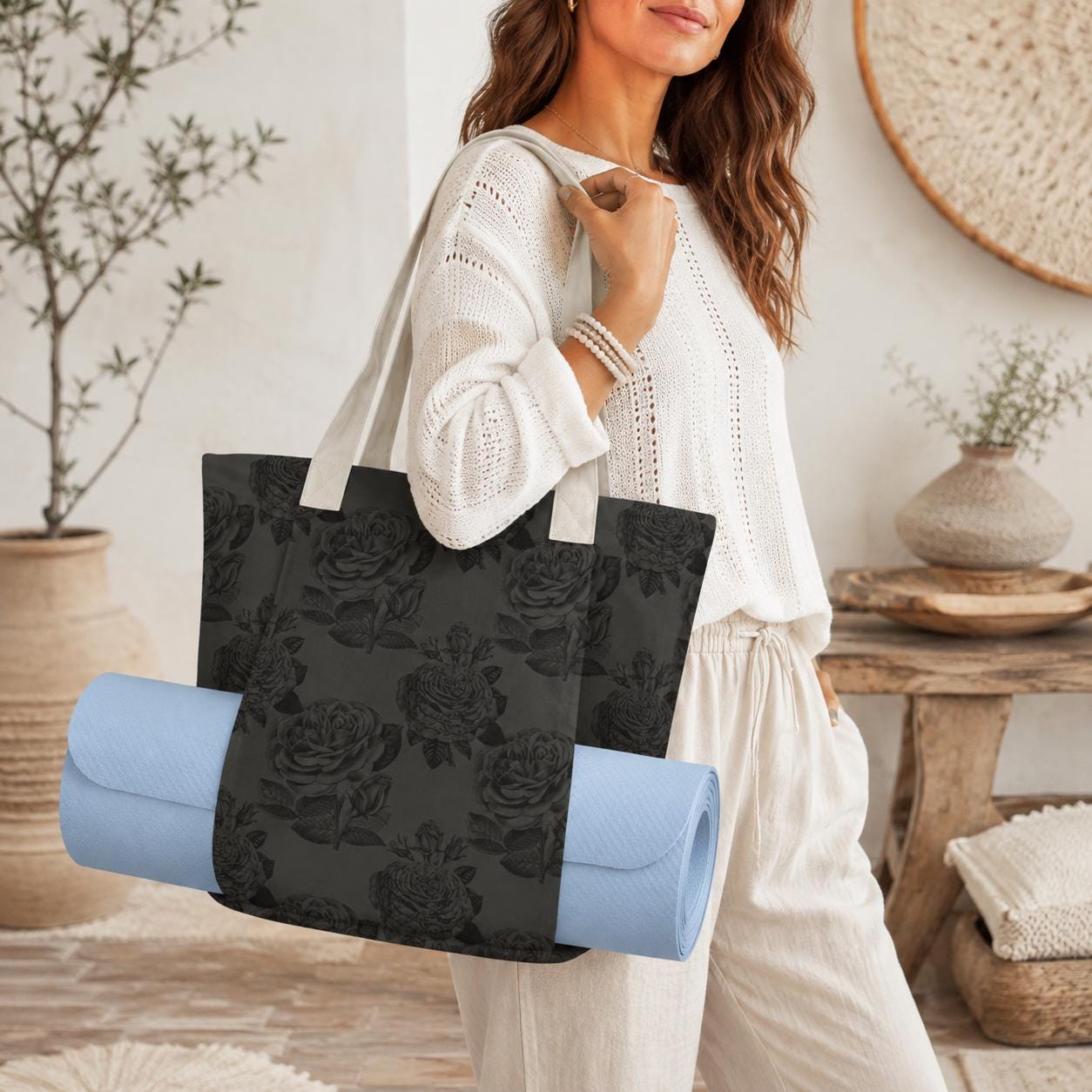 Gothic Black Rose Yoga Mat Bag, Dark Floral Tote with Mat Holder
