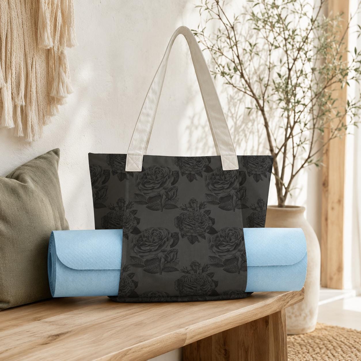 Gothic Black Rose Yoga Mat Bag, Dark Floral Tote with Mat Holder