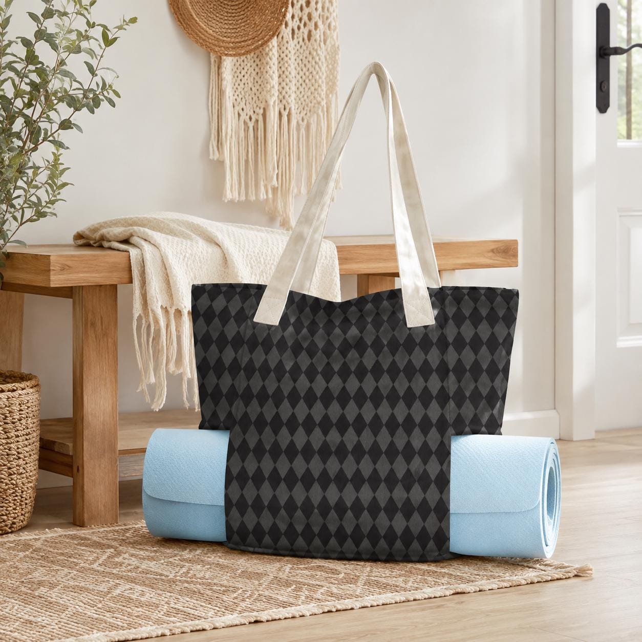 Harlequin Yoga Mat Bag, Black Diamond Print Tote with Mat Holder