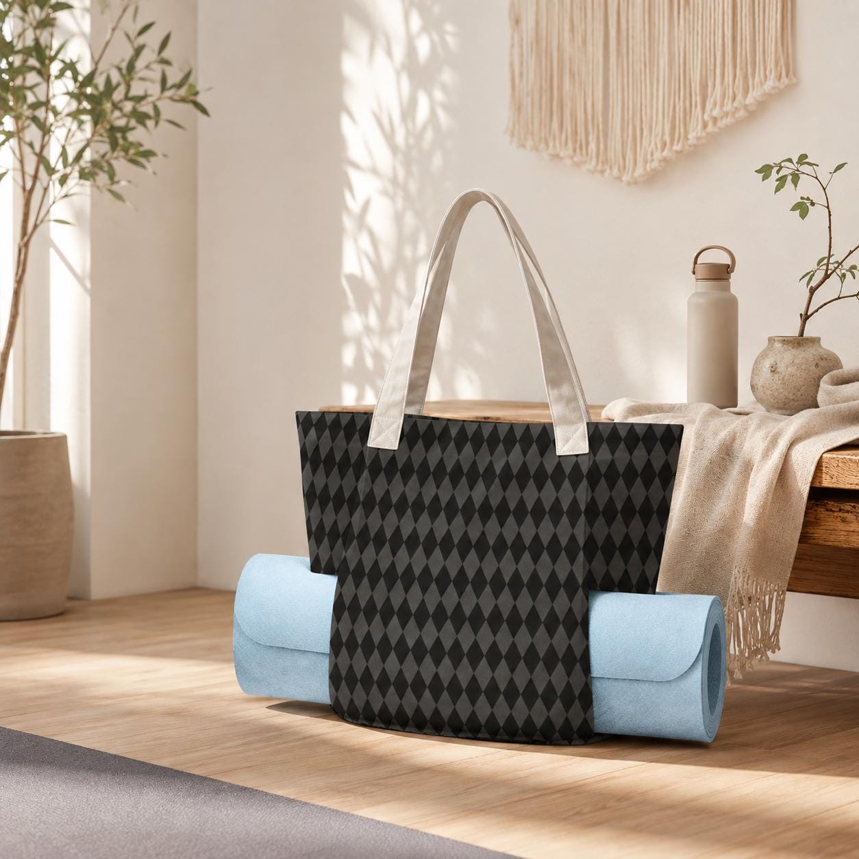 Harlequin Yoga Mat Bag, Black Diamond Print Tote with Mat Holder