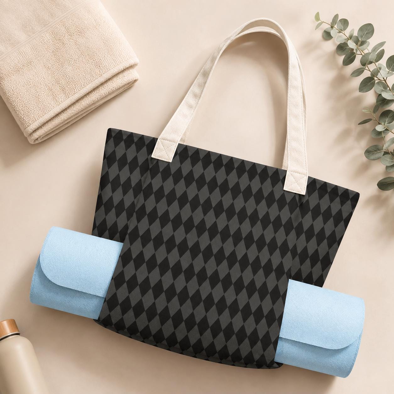 Harlequin Yoga Mat Bag, Black Diamond Print Tote with Mat Holder