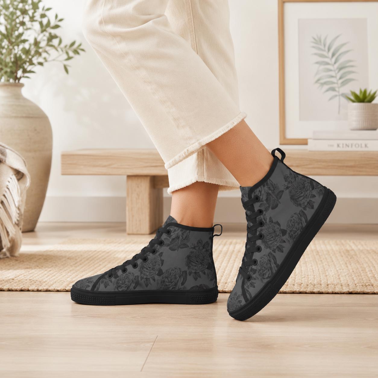 Gray and Black Rose Print High Top Sneakers with Lace Up Front