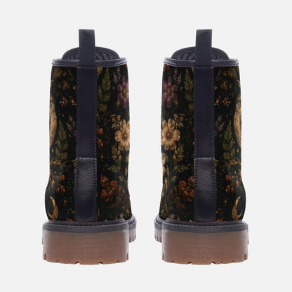 Dark Floral Bird Print Combat Boots, Vintage Botanical Lace Up Shoes