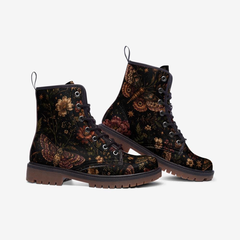 Dark Floral Moth Print Combat Boots with Lace Up Front