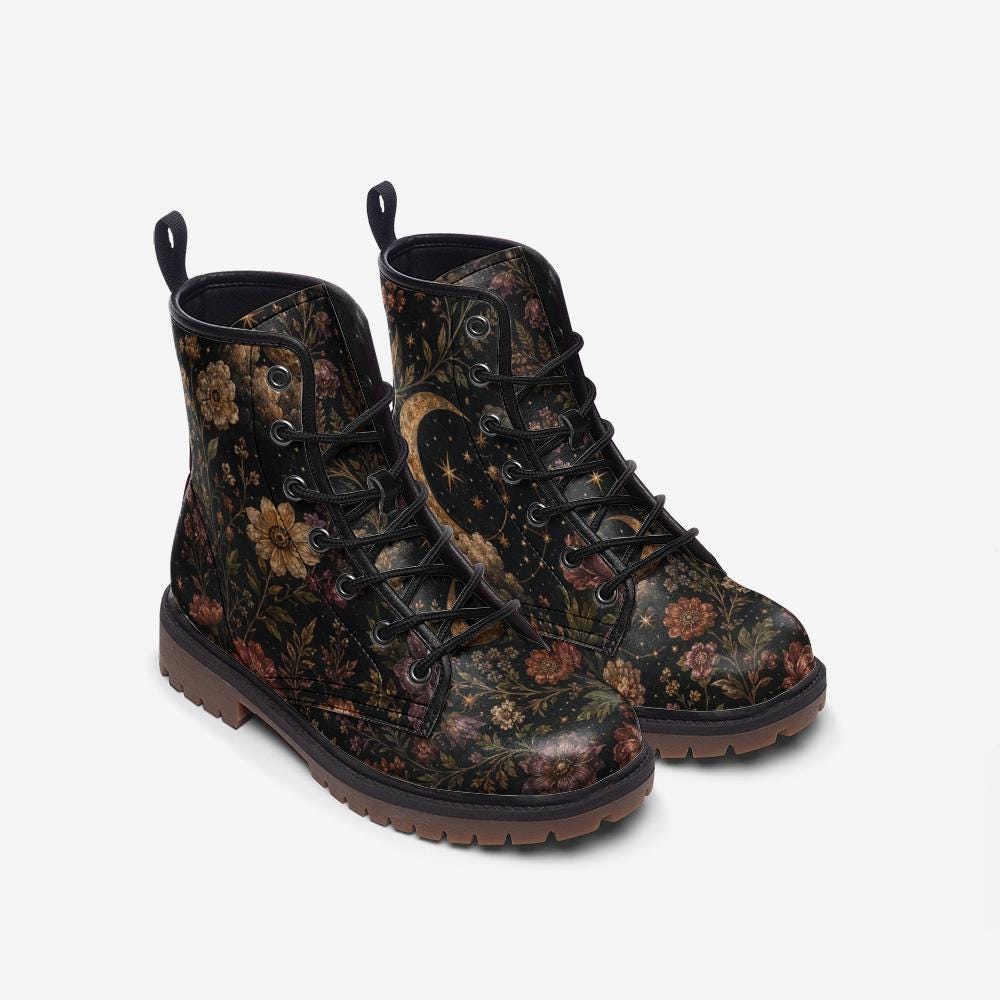 Celestial Floral Combat Boots, Moon Stars Ankle Booties, Dark Cottagecore Lace Up