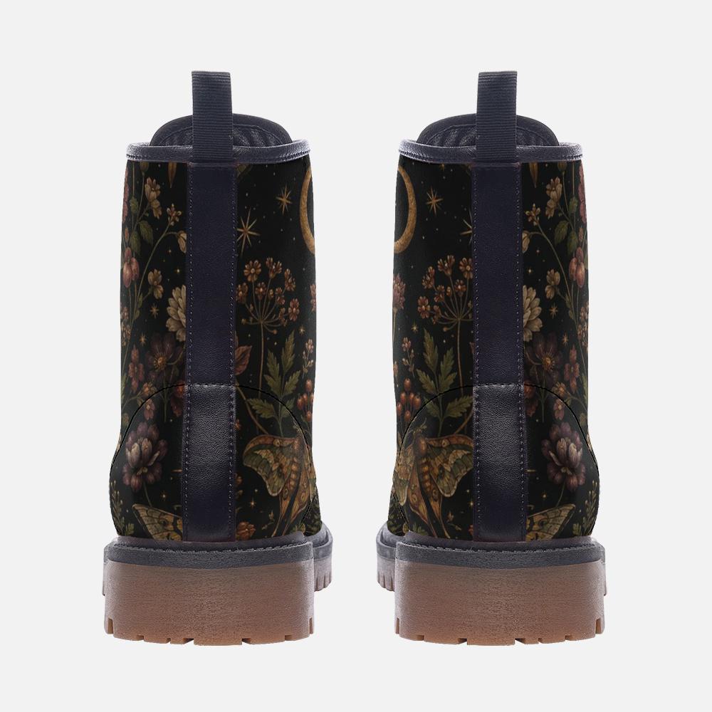 Dark Floral Moth Moon Lace Up Boots, Botanical Print Ankle Footwear