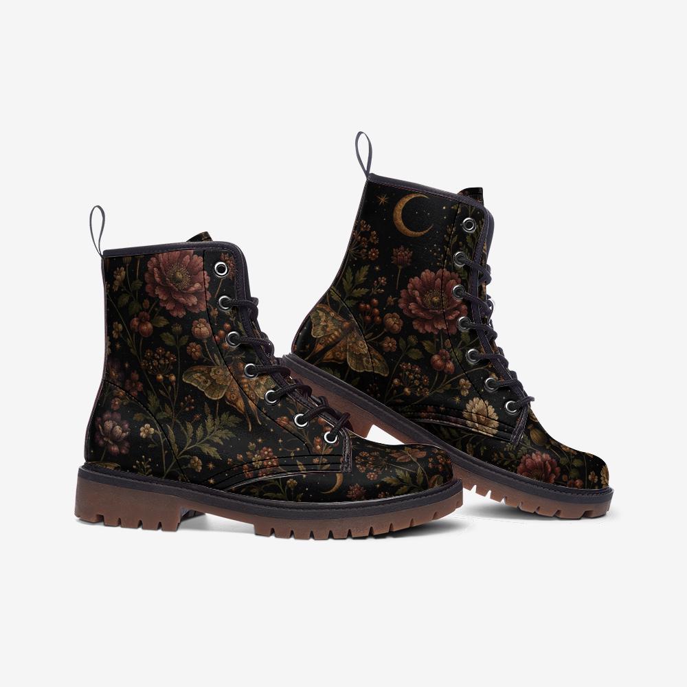 Dark Floral Moth Moon Lace Up Boots, Botanical Print Ankle Footwear