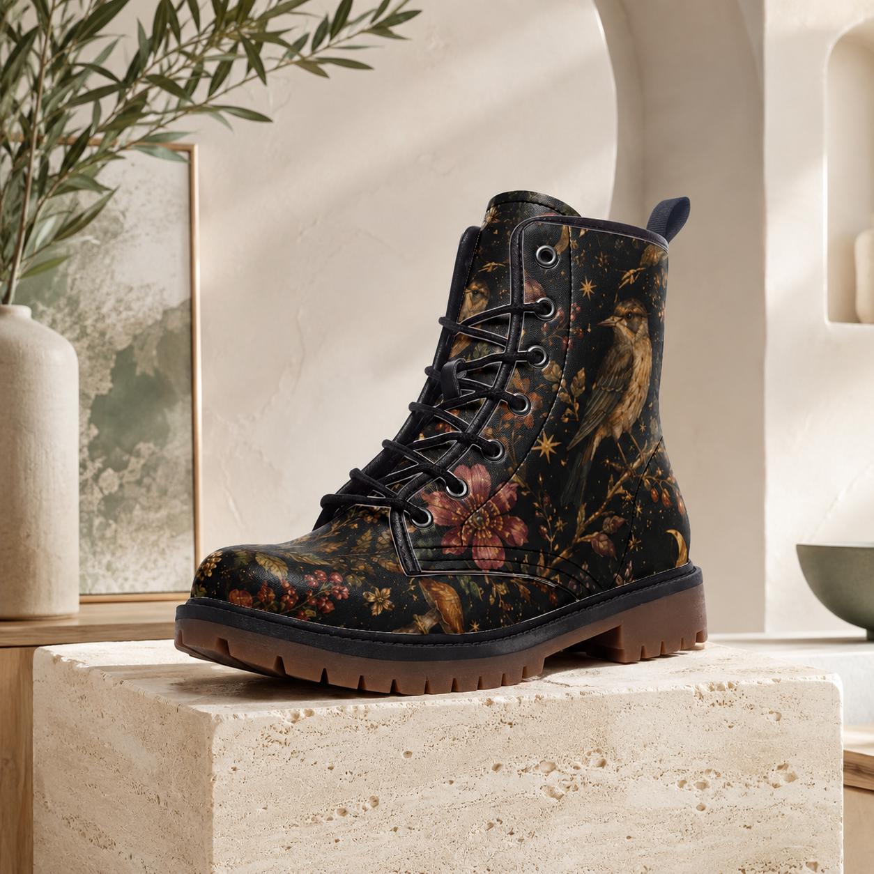 Dark Floral Bird Print Combat Boots, Vintage Botanical Lace Up Shoes