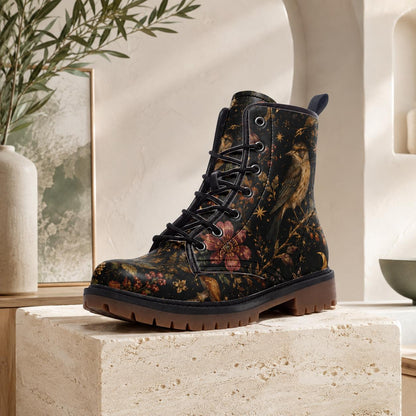 Dark Floral Bird Print Combat Boots, Vintage Botanical Lace Up Shoes