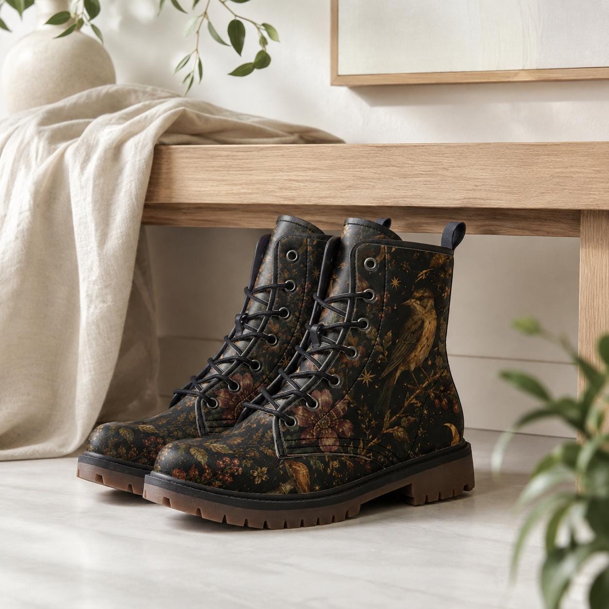 Dark Floral Bird Print Combat Boots, Vintage Botanical Lace Up Shoes