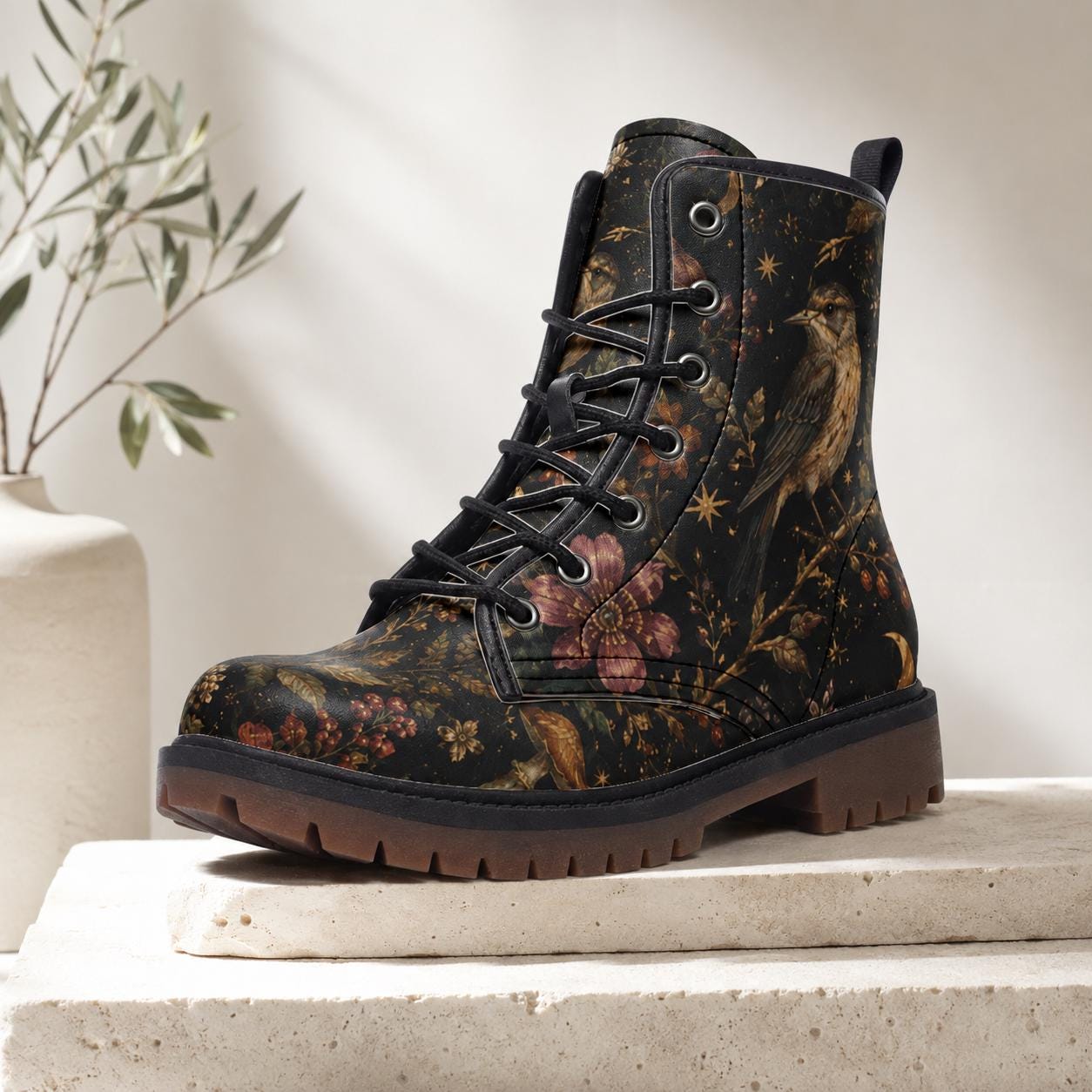 Dark Floral Bird Print Combat Boots, Vintage Botanical Lace Up Shoes