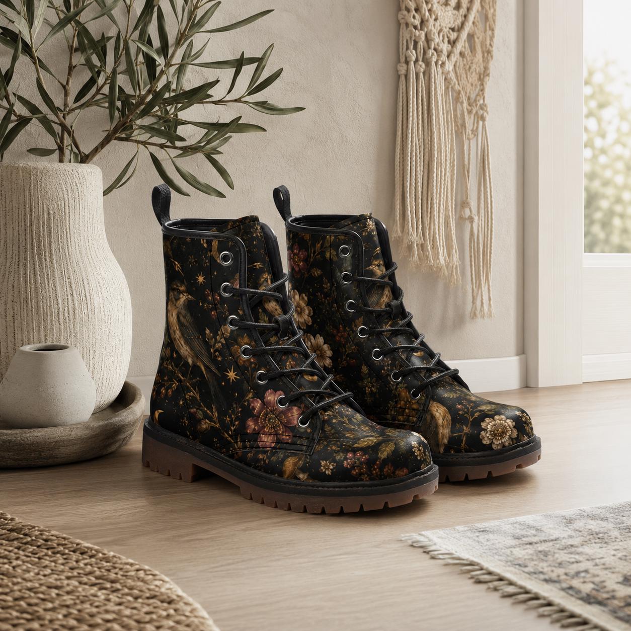 Dark Floral Bird Print Combat Boots, Vintage Botanical Lace Up Shoes