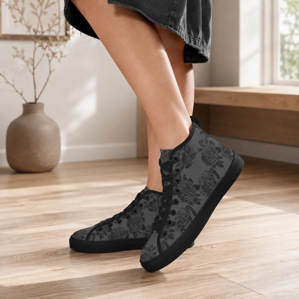 Gray and Black Rose Print High Top Sneakers with Lace Up Front