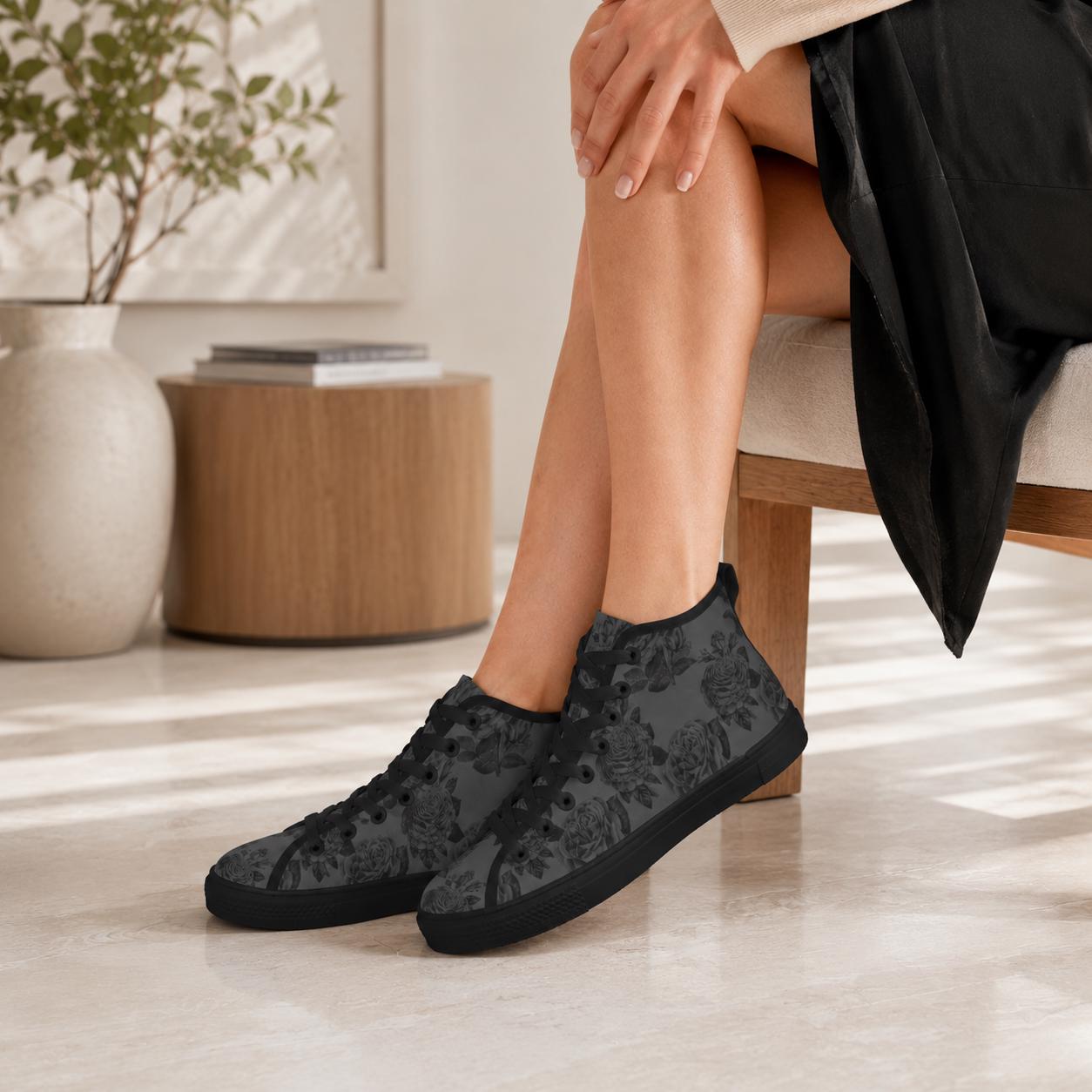 Gray and Black Rose Print High Top Sneakers with Lace Up Front