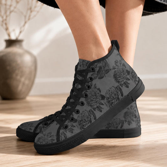 Gray and Black Rose Print High Top Sneakers with Lace Up Front