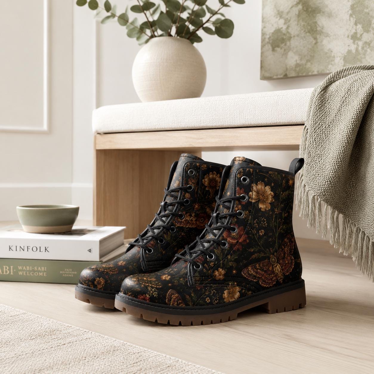 Dark Floral Moth Print Combat Boots with Lace Up Front