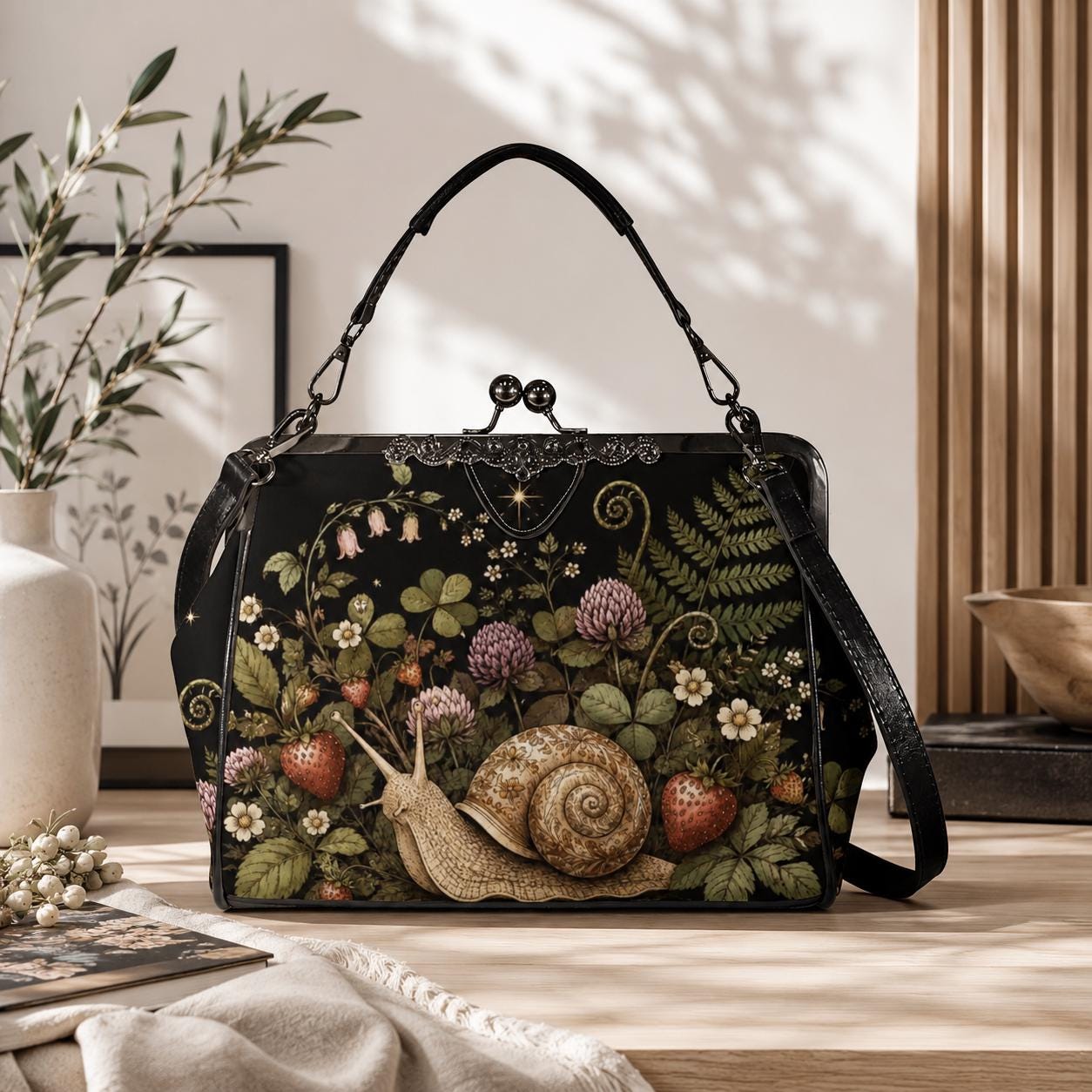 Strawberry Snail Kiss Lock Handbag, Dark Botanical Print Shoulder Bag