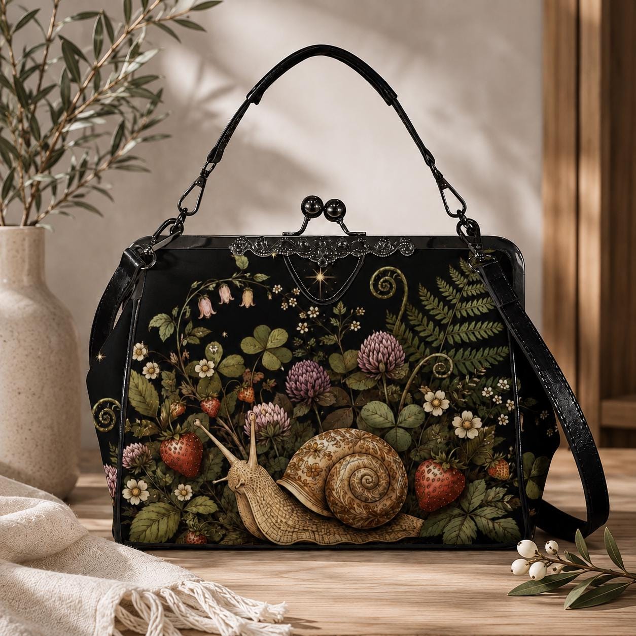 Strawberry Snail Kiss Lock Handbag, Dark Botanical Print Shoulder Bag