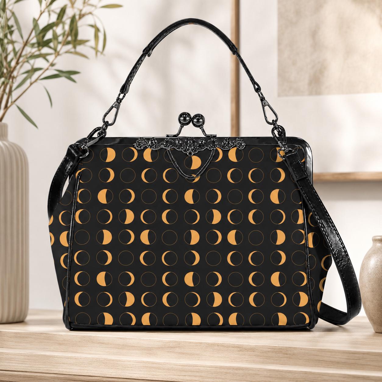 Moon Phase Kiss Lock Handbag, Gold Celestial Black Shoulder Bag