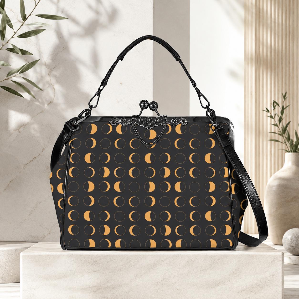 Moon Phase Kiss Lock Handbag, Gold Celestial Black Shoulder Bag