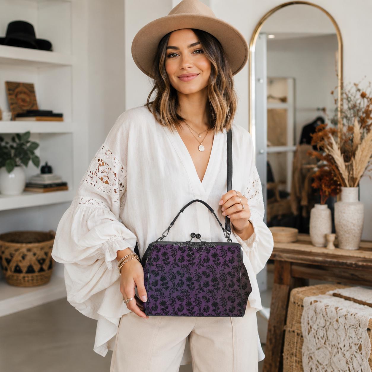 Purple and Black Damask Kiss Lock Handbag with Crossbody Strap