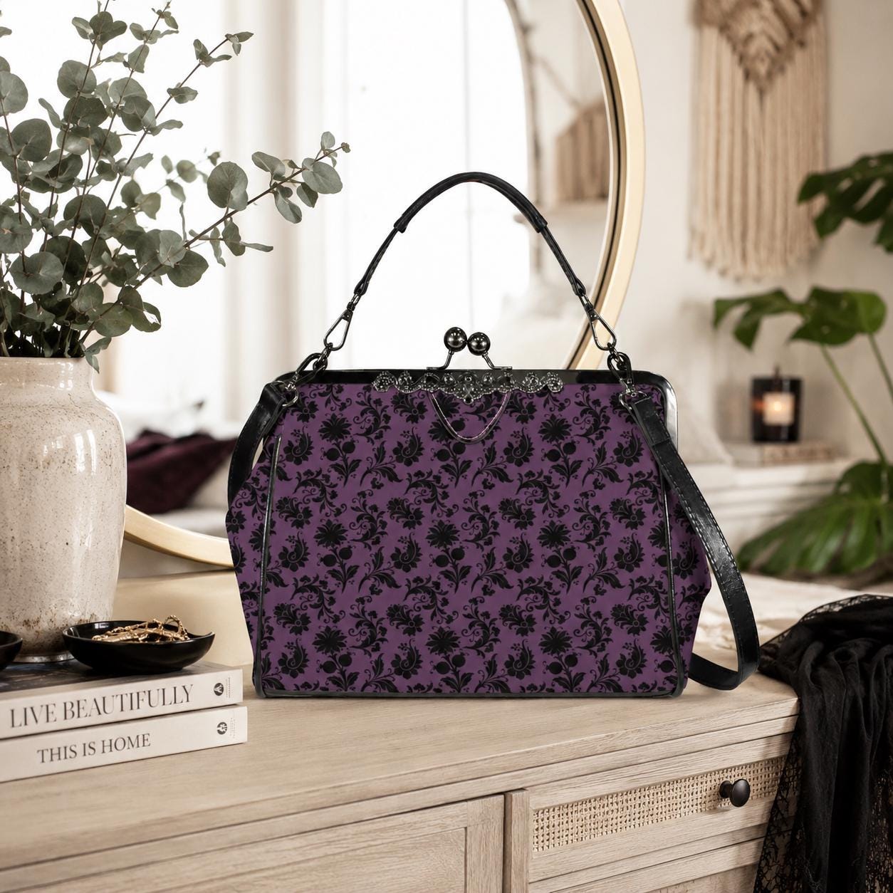 Purple and Black Damask Kiss Lock Handbag with Crossbody Strap