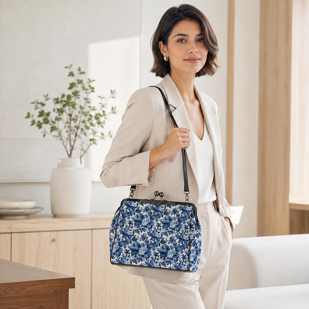 Blue Peony Chinoiserie Kiss-Lock PU Leather Crossbody Bag