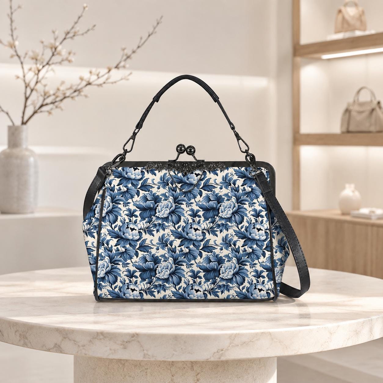 Blue Peony Chinoiserie Kiss-Lock PU Leather Crossbody Bag