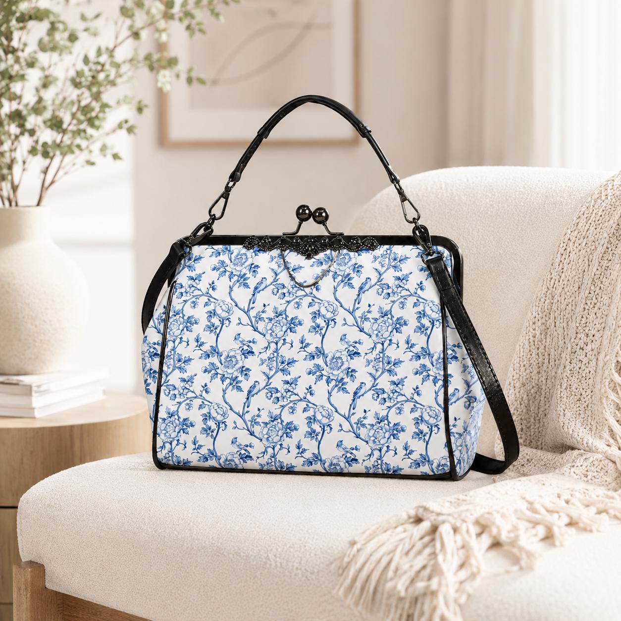 Blue Chinoiserie Floral Kiss-Lock PU Leather Crossbody Bag
