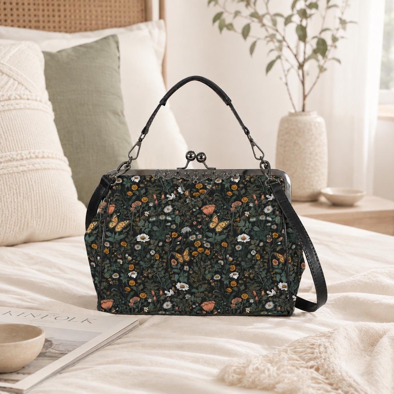 Dark Wildflower Butterfly Kiss-Lock PU Leather Crossbody Bag