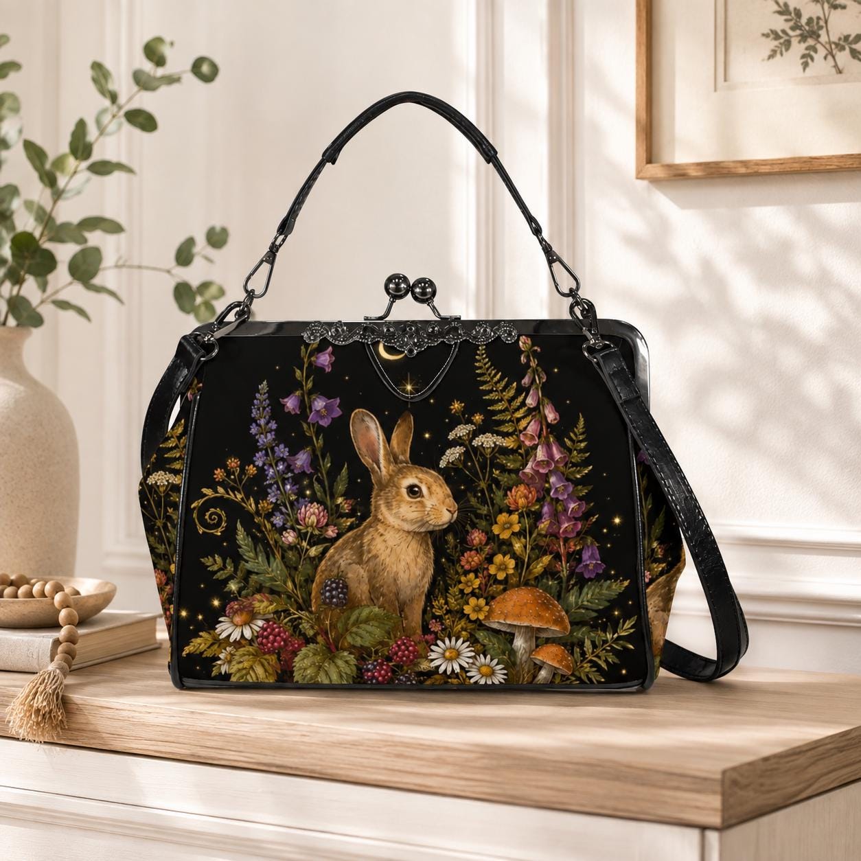 Rabbit and Wildflower Print Frame Purse with Top Handle and Shoulder Strap