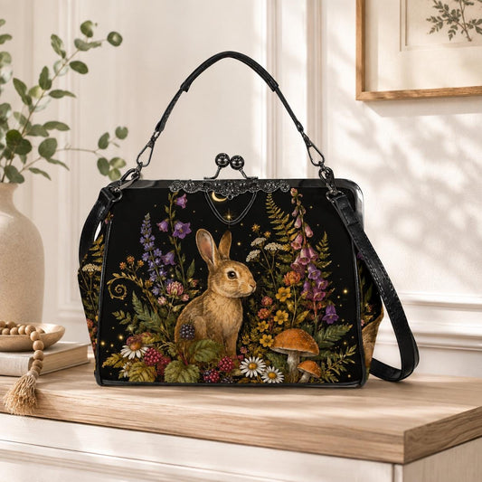 Rabbit and Wildflower Print Frame Purse with Top Handle and Shoulder Strap