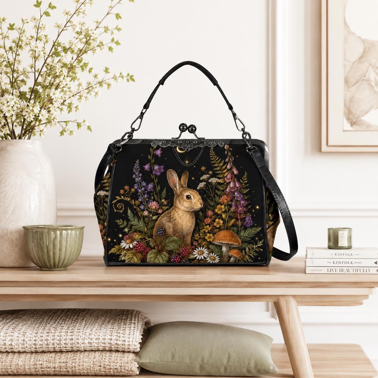 Rabbit and Wildflower Print Frame Purse with Top Handle and Shoulder Strap