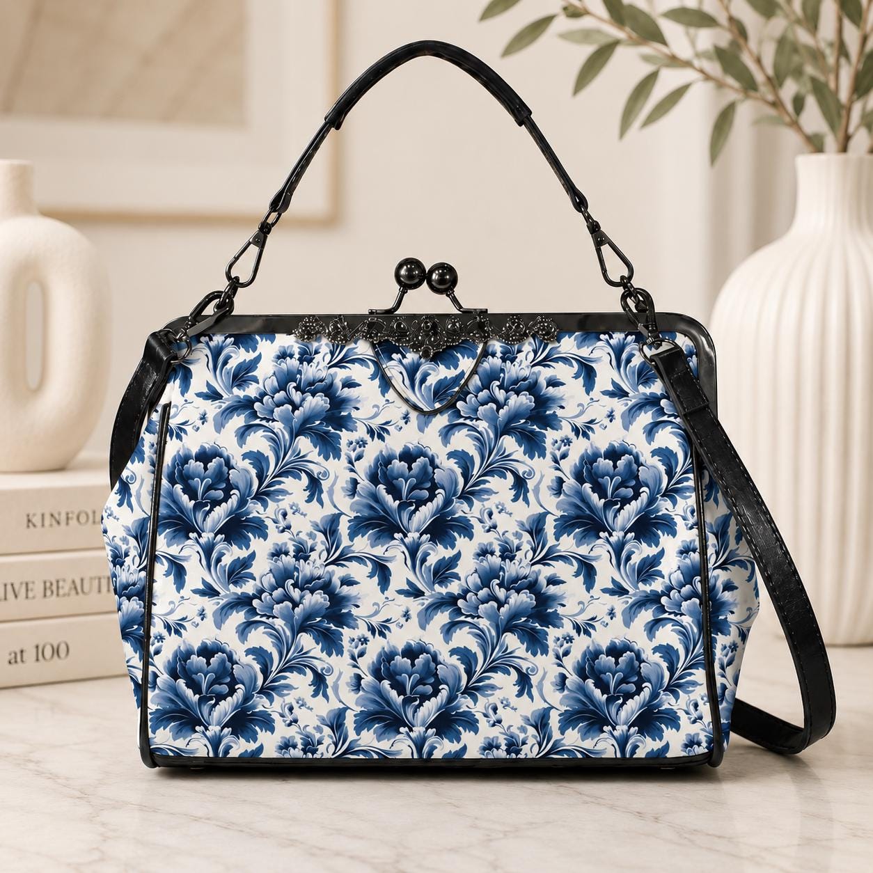 Blue Floral Kiss Lock Purse, Chinoiserie Porcelain Print Handbag, Vintage Style Crossbody Bag