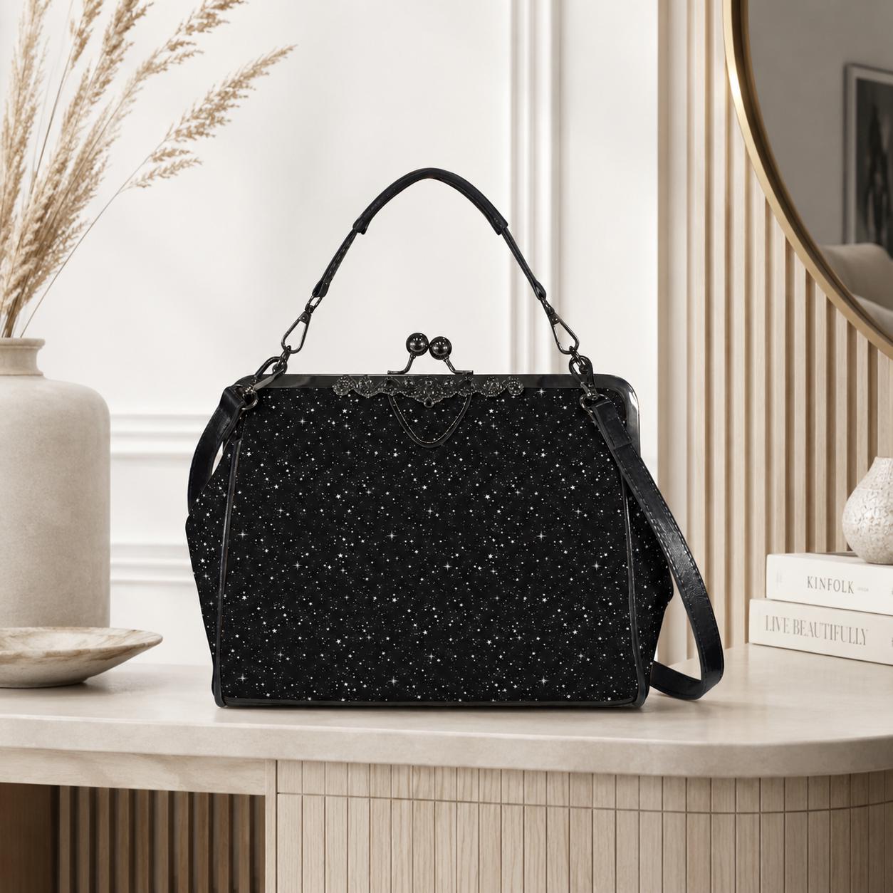 Black Starry Night Print Kiss Lock Handbag with Crossbody Strap