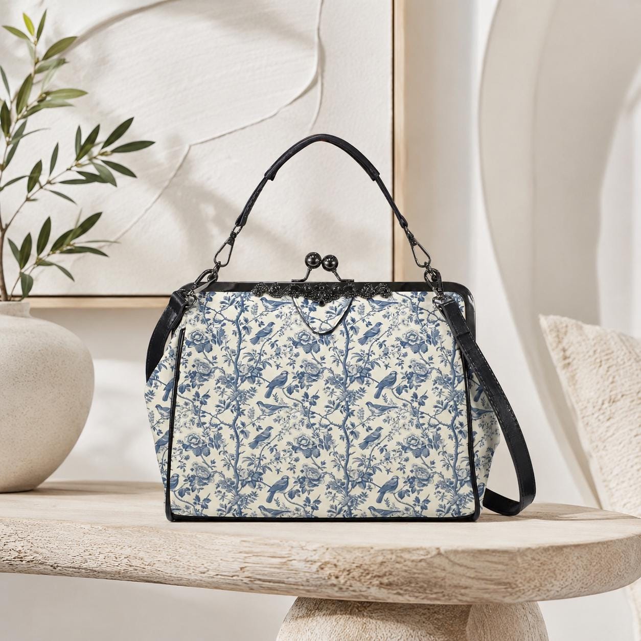 Sage Green Botanical Print Top Handle Purse with Removable Shoulder Strap