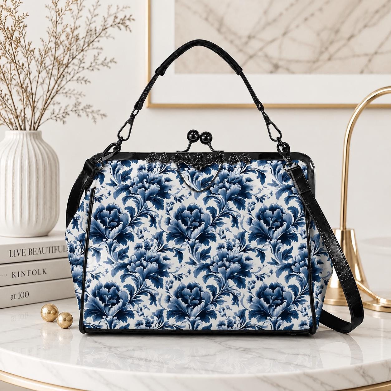 Blue Floral Kiss Lock Purse, Chinoiserie Porcelain Print Handbag, Vintage Style Crossbody Bag