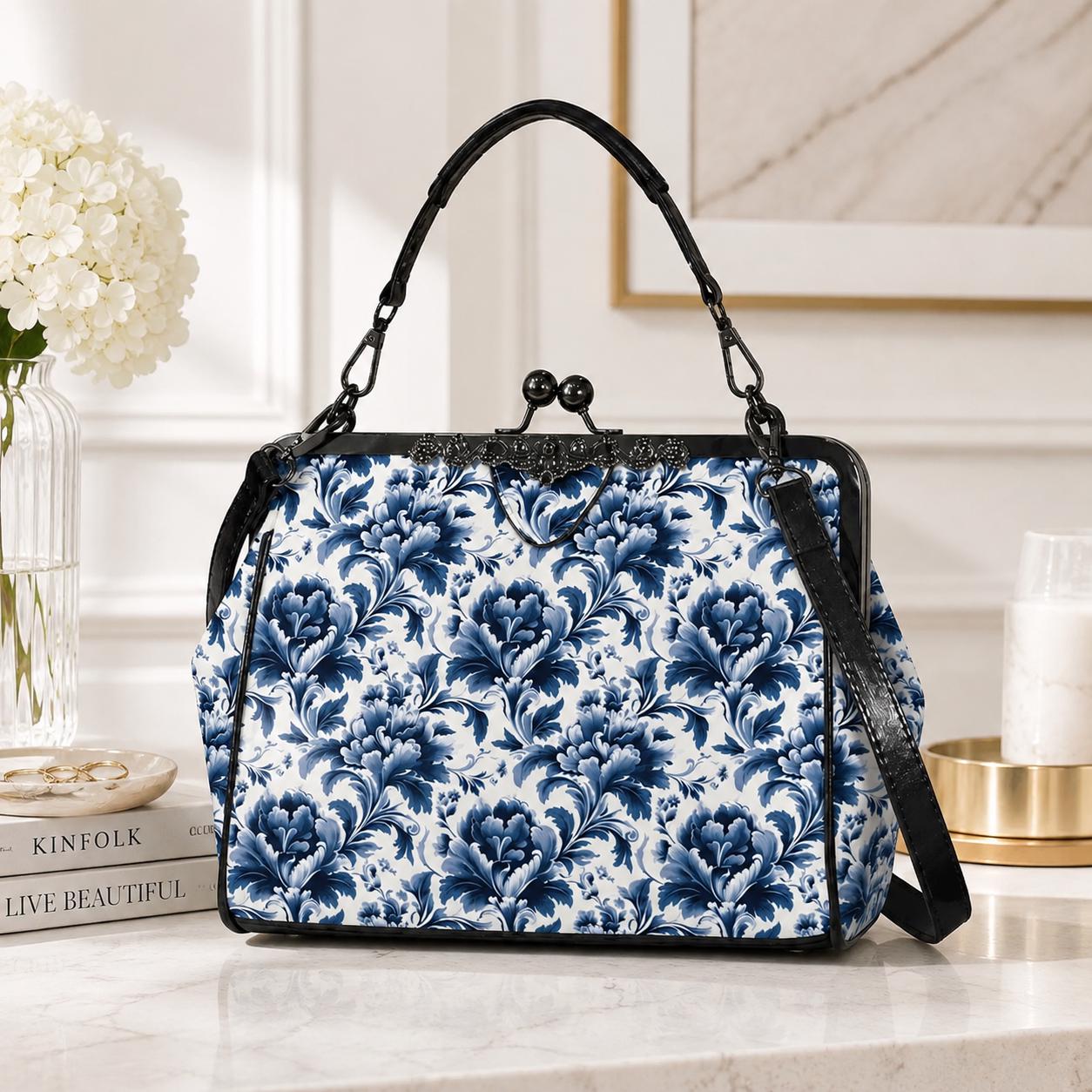 Blue Floral Kiss Lock Purse, Chinoiserie Porcelain Print Handbag, Vintage Style Crossbody Bag