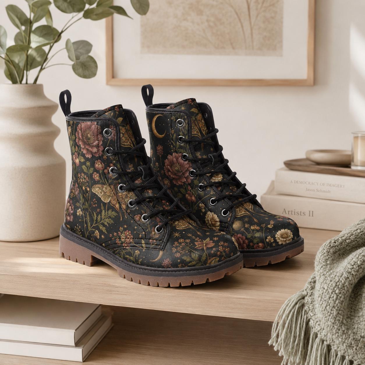 Dark Floral Moth Moon Lace Up Boots, Botanical Print Ankle Footwear