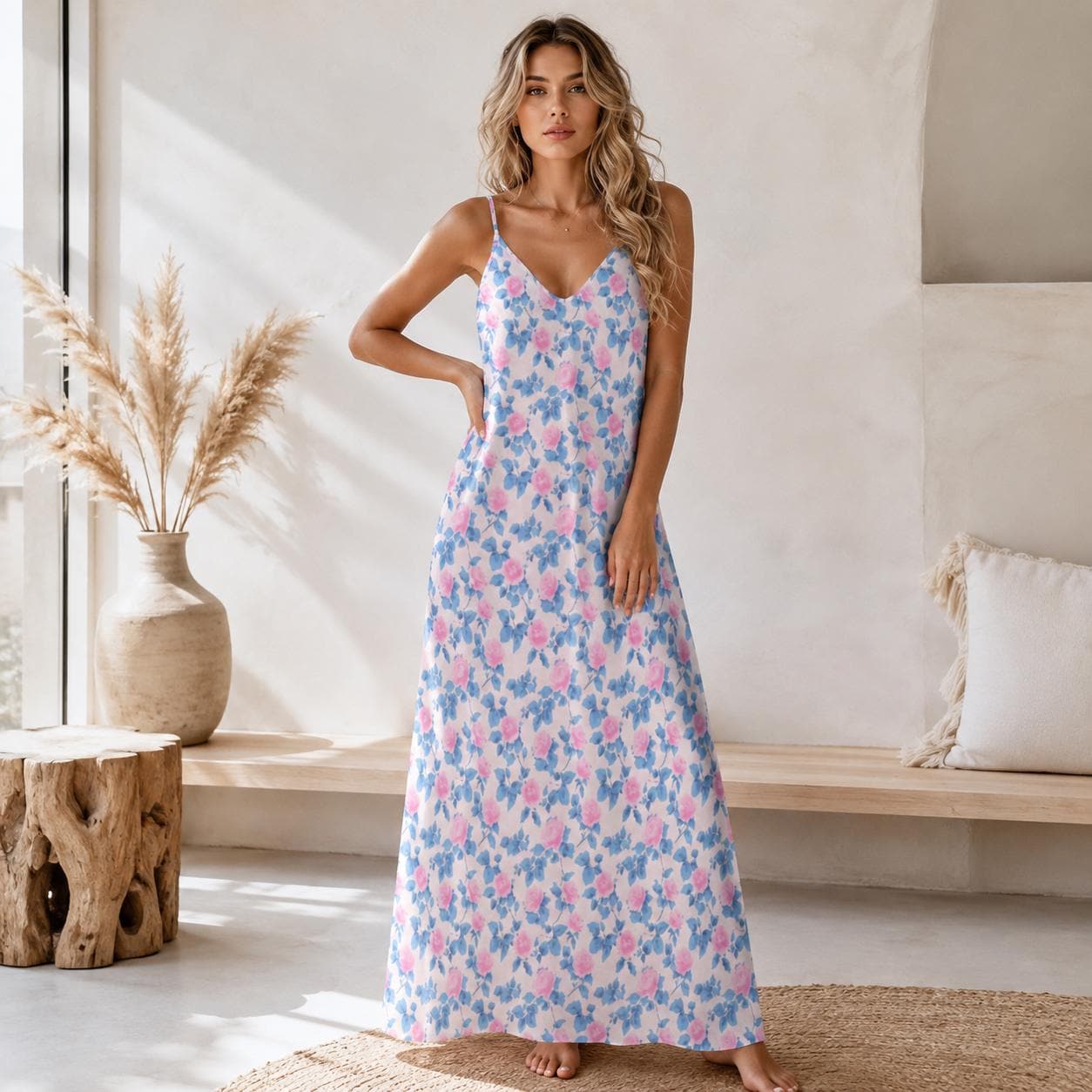 Blue Watercolor Floral Maxi Dress, Pink Rose Print Sundress, V Neck Spaghetti Straps